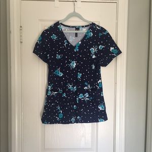 Women’s small navy koi scrub top with flowers